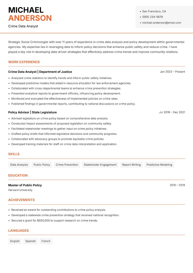 Social Criminologist resume template — Modern Professional