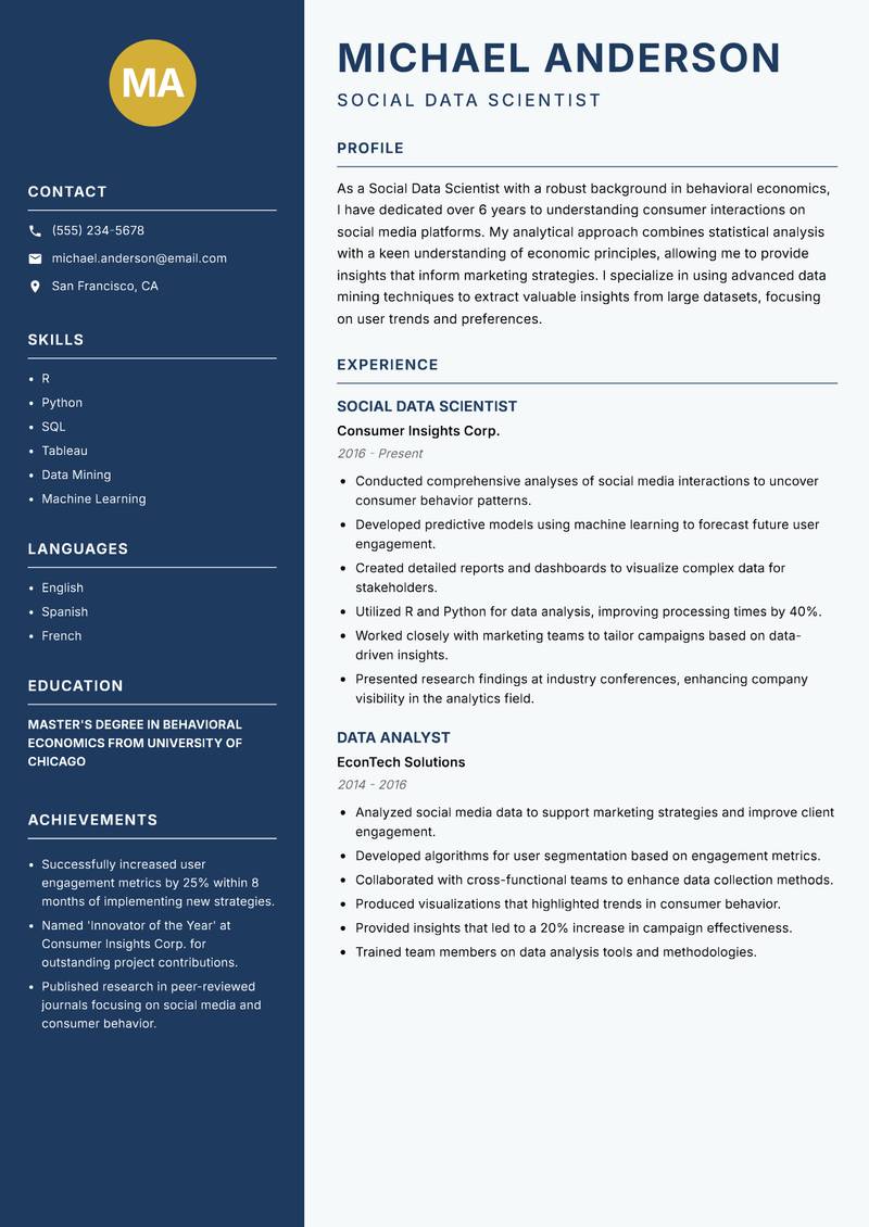 Social Data Scientist resume template — Classic Clean