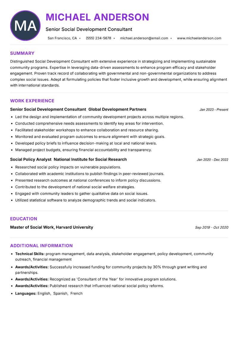 Social Development Consultant resume example — ATS-friendly template