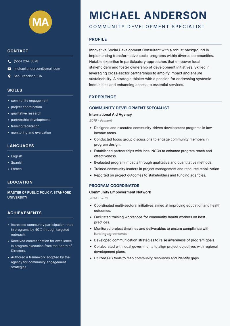 Social Development Consultant resume template — Classic Clean