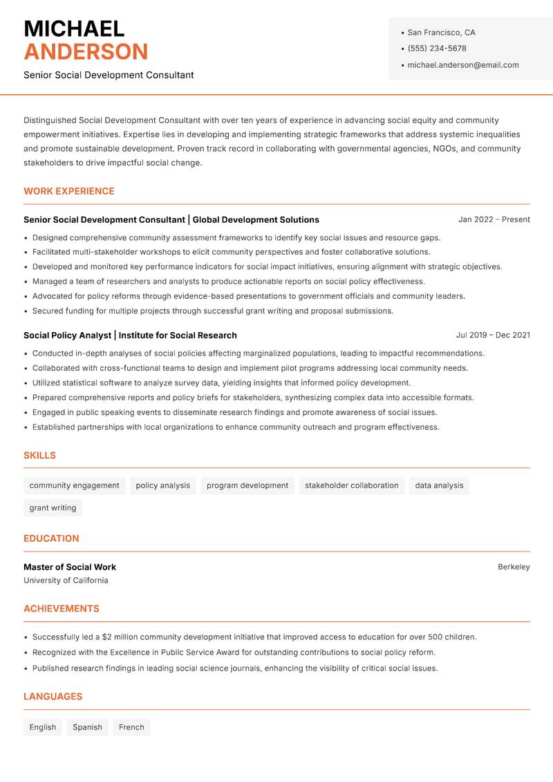 Social Development Consultant resume template — Modern Professional