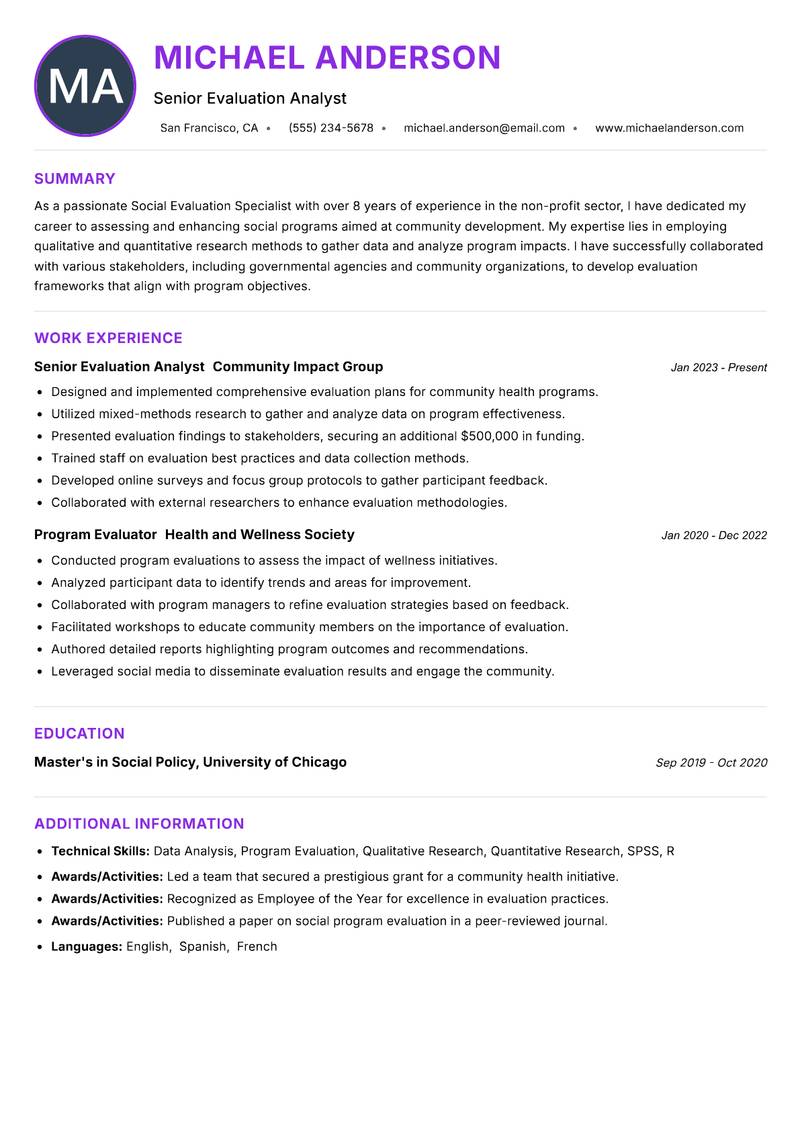 Social Evaluation Specialist resume example — ATS-friendly template