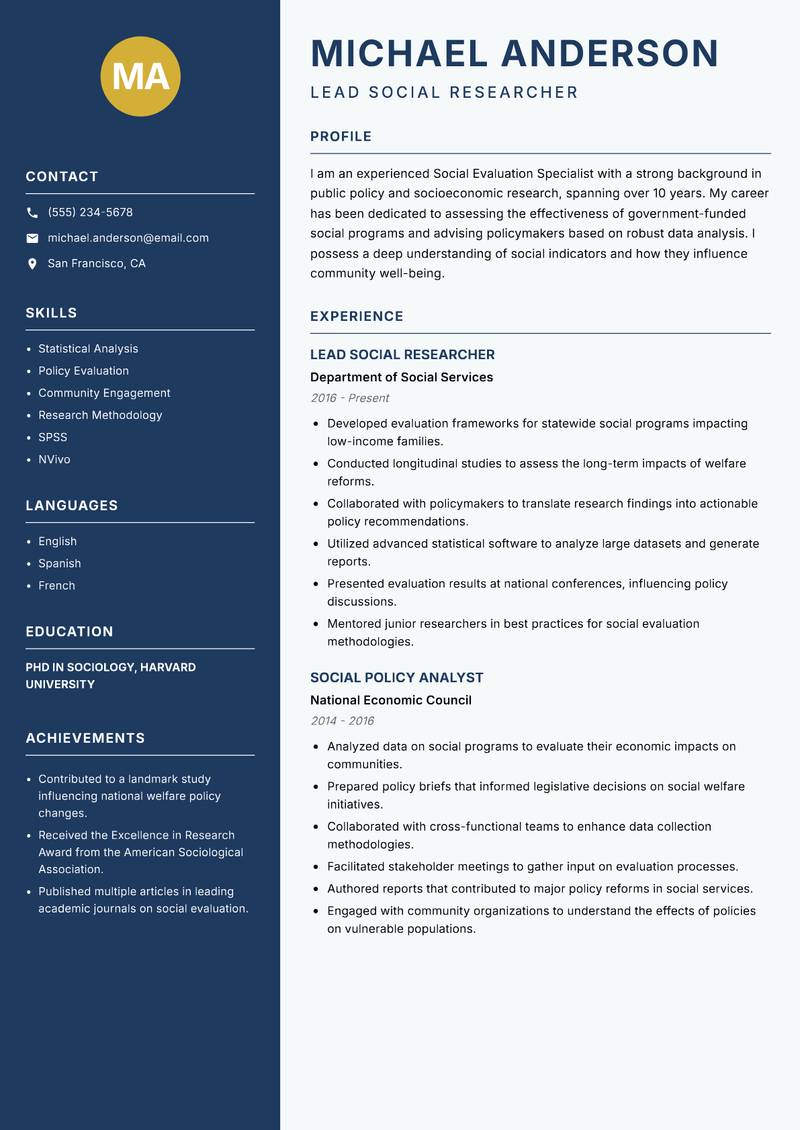 Social Evaluation Specialist resume template — Classic Clean