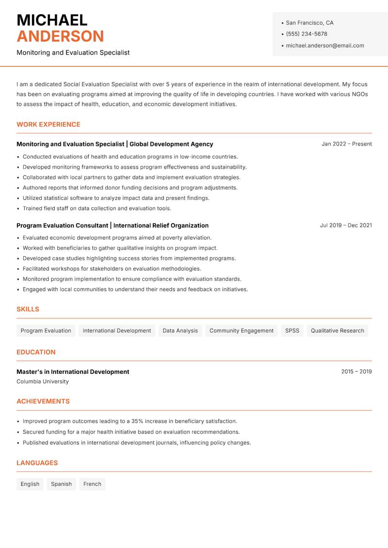 Social Evaluation Specialist resume template — Modern Professional