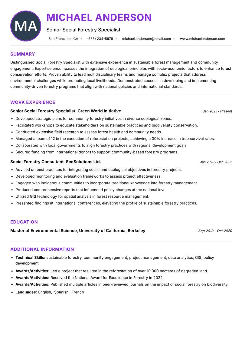 Social Forestry Specialist resume example — ATS-friendly template