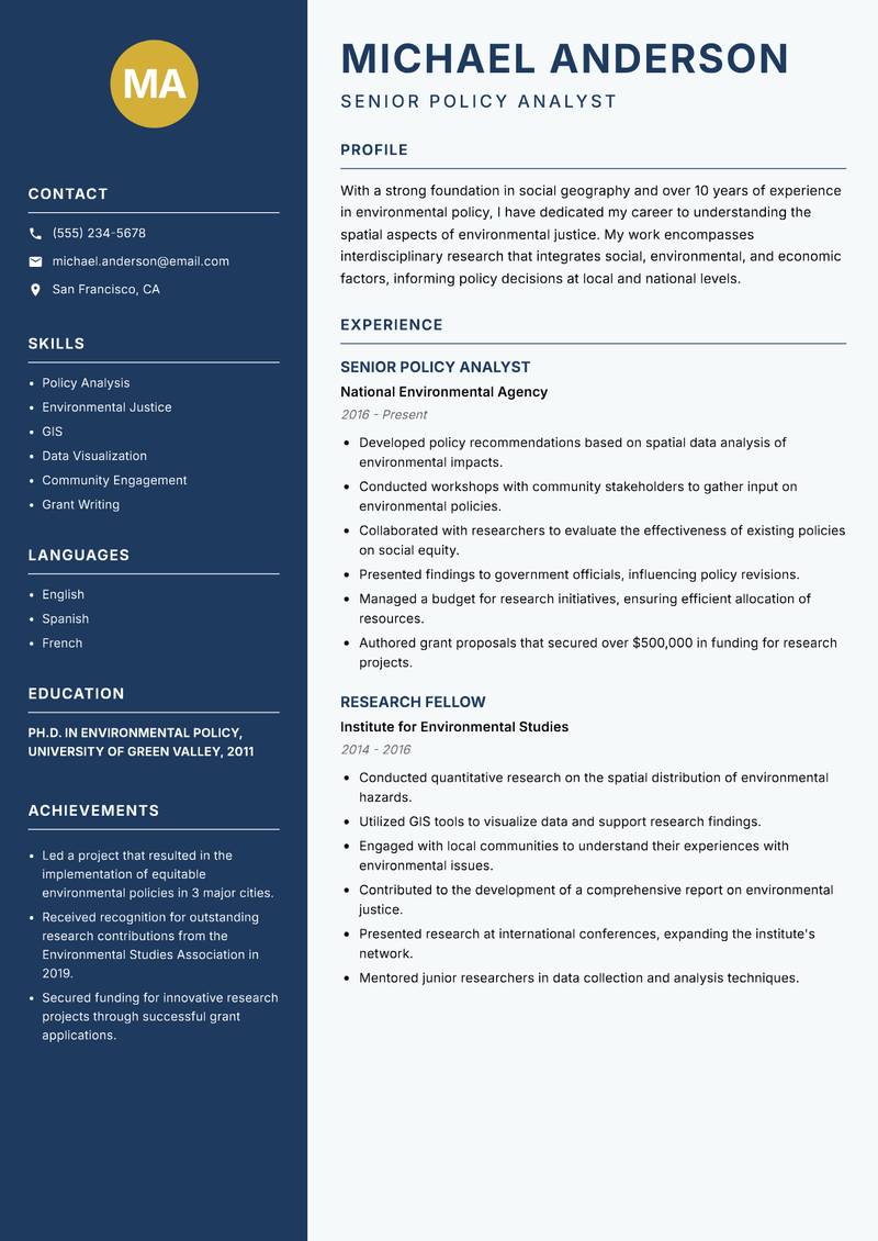 Social Geographer resume template — Classic Clean