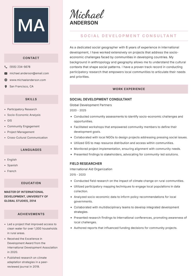 Social Geographer resume template — Executive