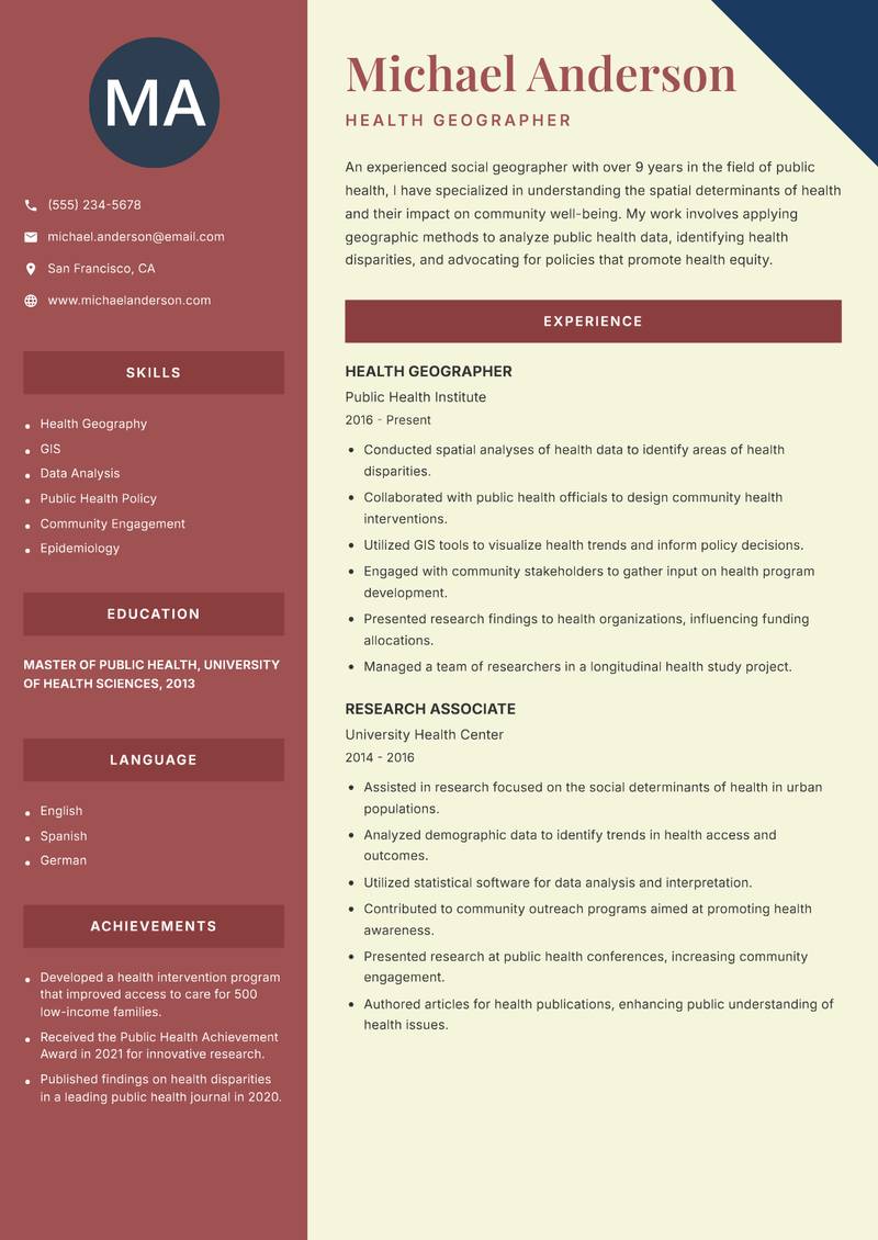 Social Geographer resume template — Two Column