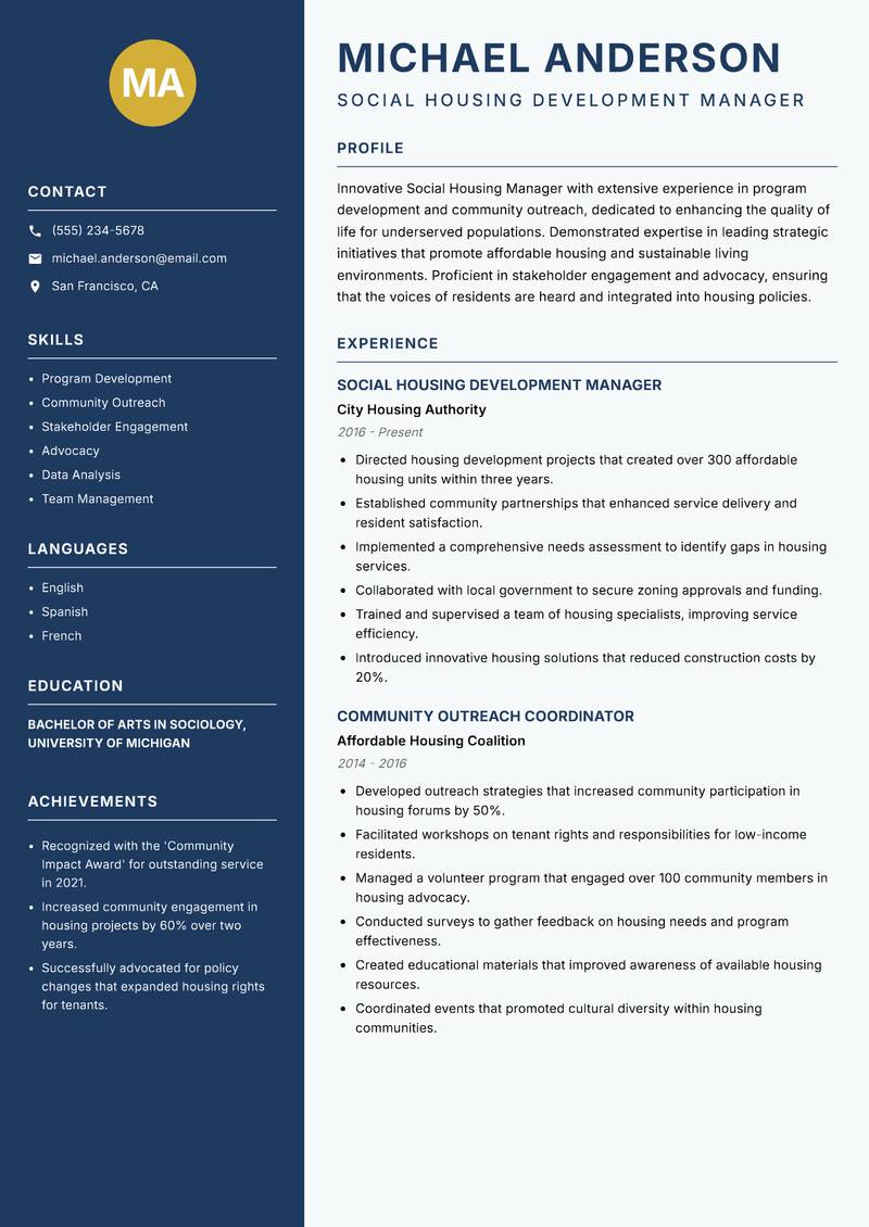 Social Housing Manager resume template — Classic Clean