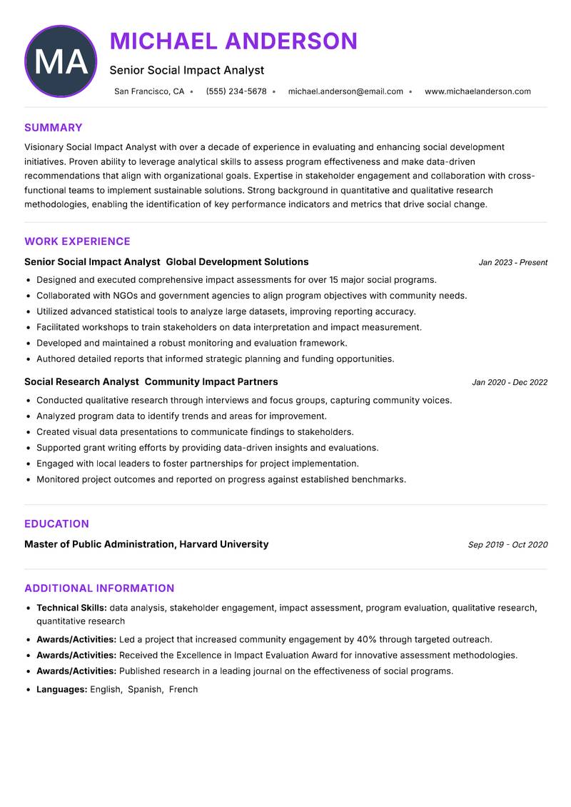Social Impact Analyst resume example — ATS-friendly template