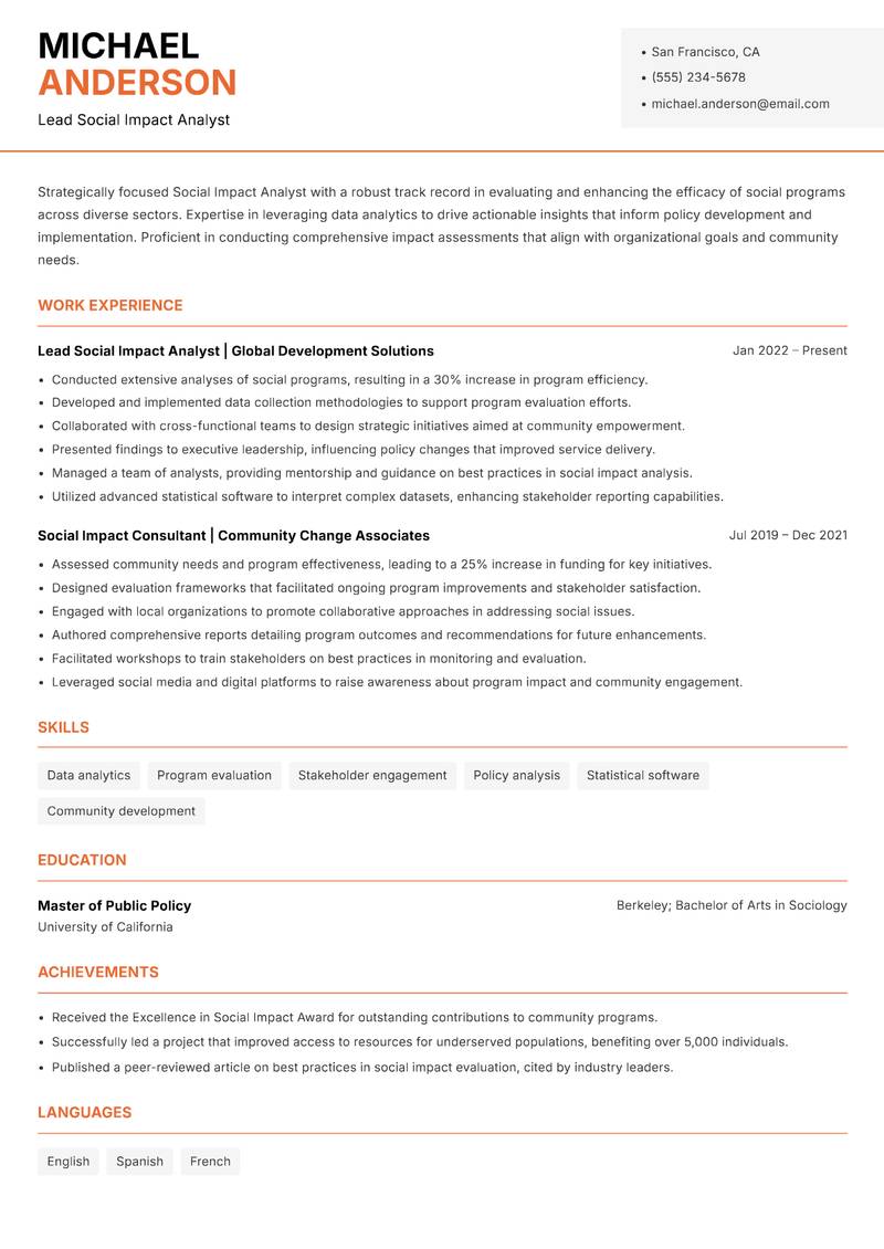 Social Impact Analyst resume template — Modern Professional