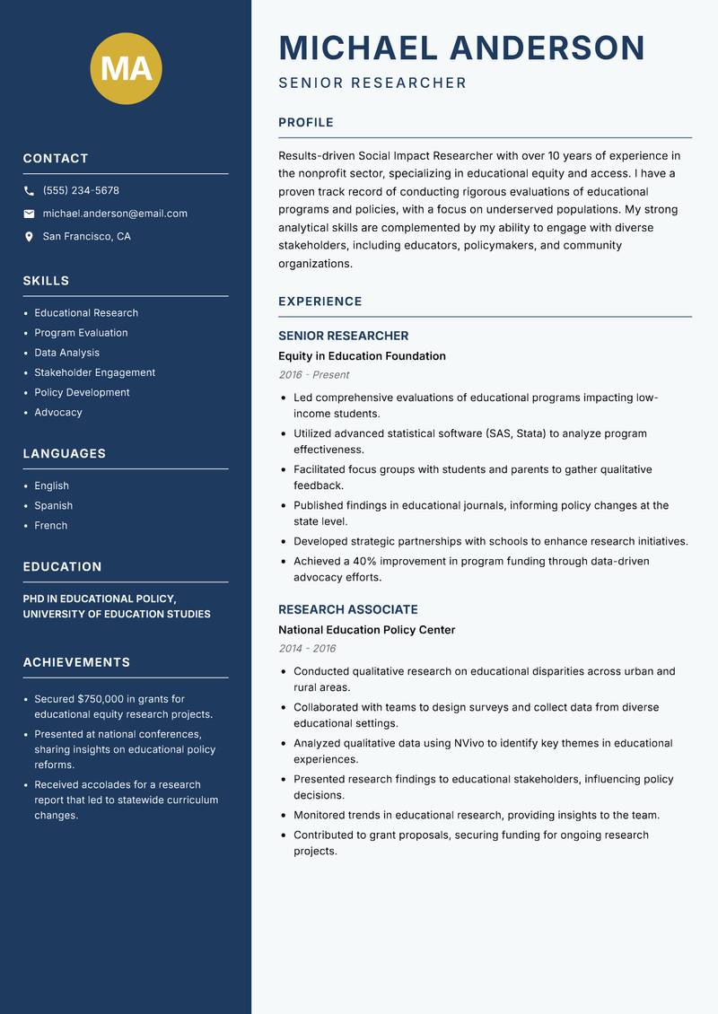 Social Impact Researcher resume template — Classic Clean