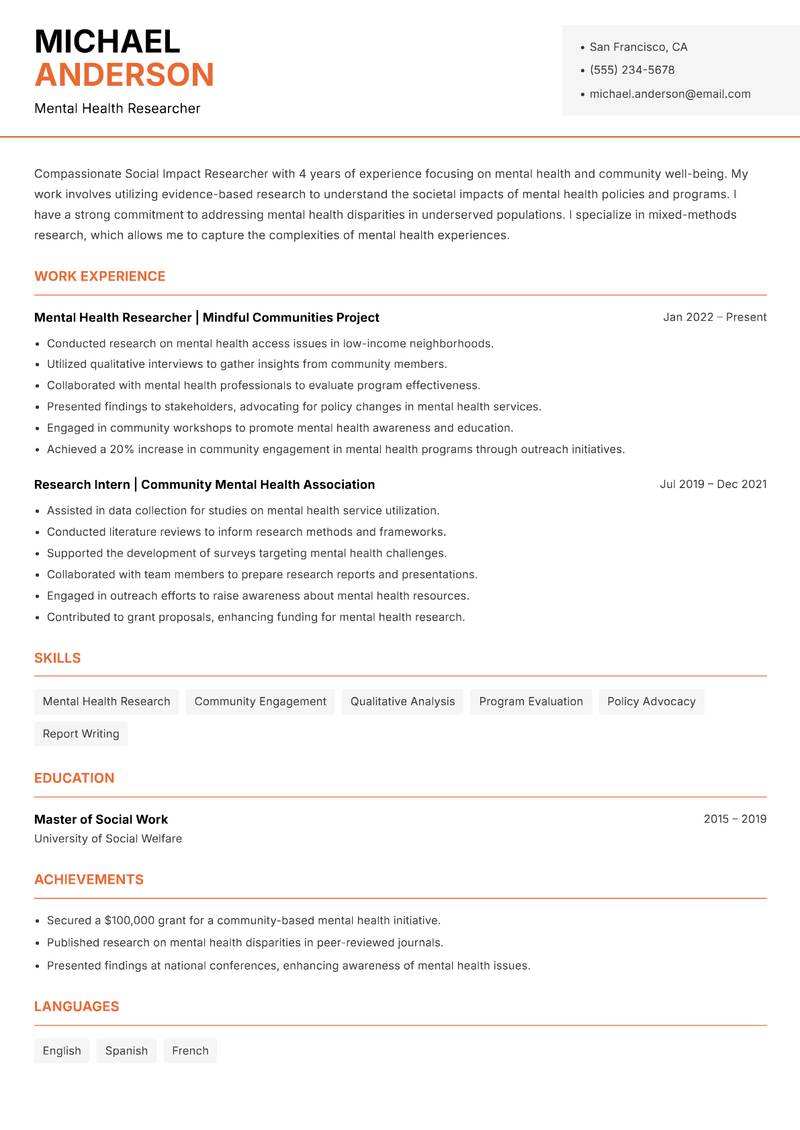 Social Impact Researcher resume template — Modern Professional