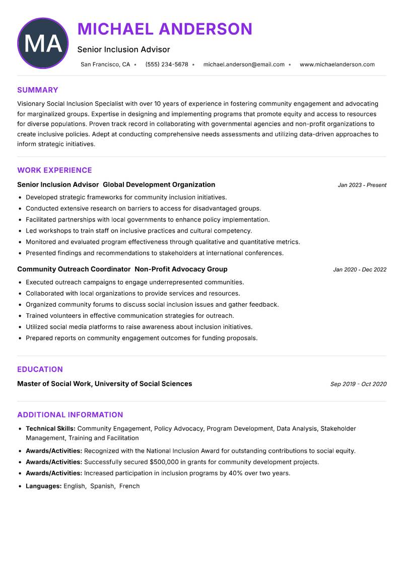Social Inclusion Specialist resume example — ATS-friendly template