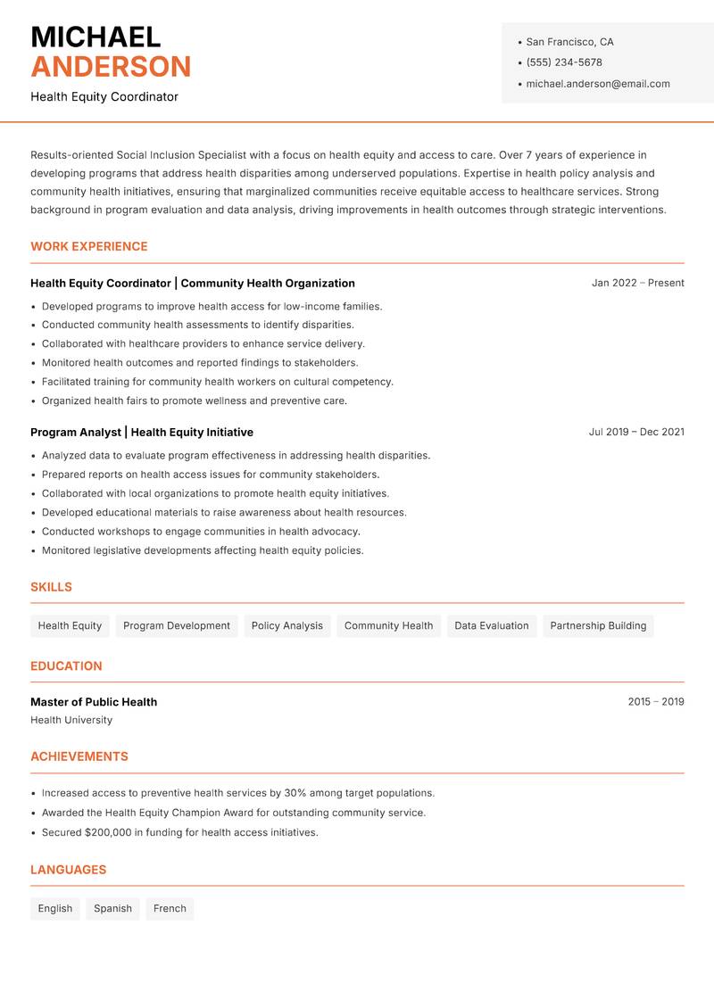 Social Inclusion Specialist resume template — Modern Professional