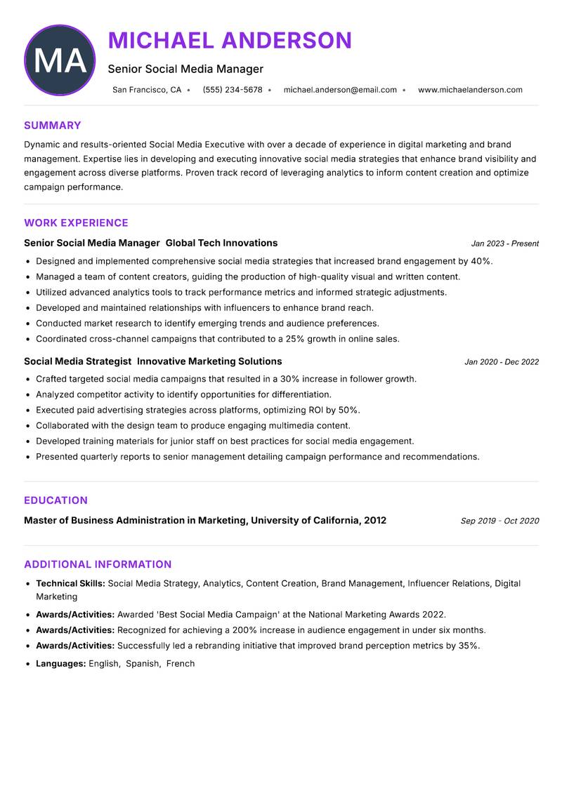 Social Media Executive resume example — ATS-friendly template