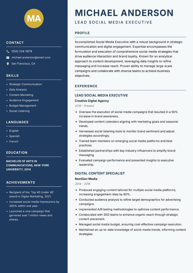 Social Media Executive resume template — Classic Clean