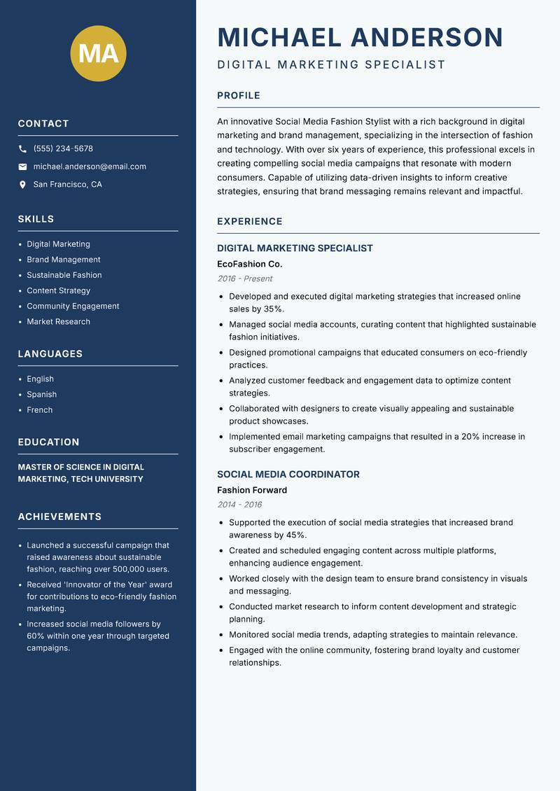Social Media Fashion Stylist resume template — Classic Clean
