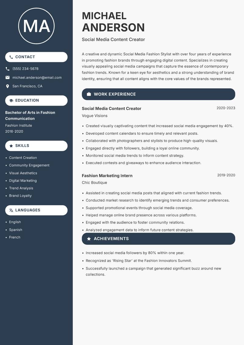 Social Media Fashion Stylist resume template — Compact