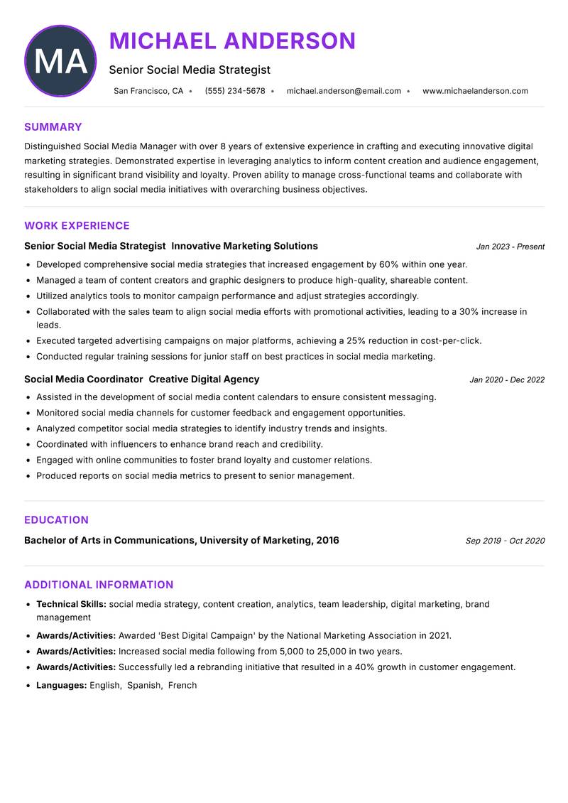 Social Media Manager resume example — ATS-friendly template