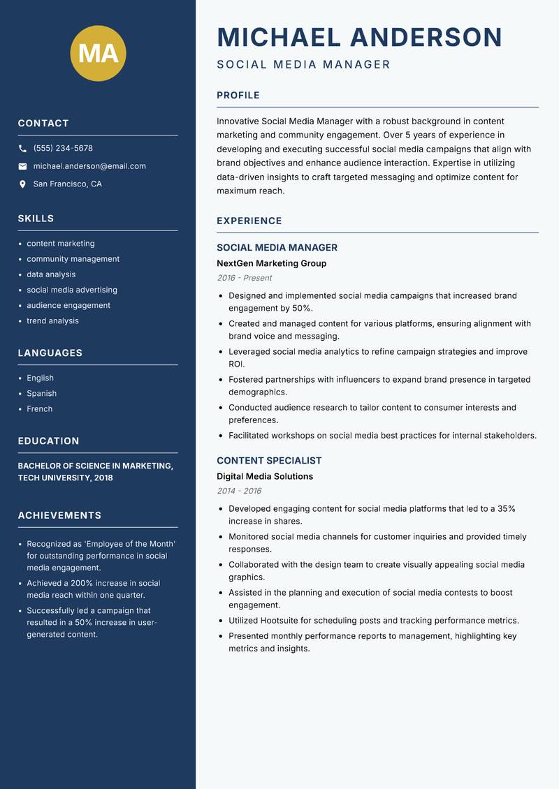 Social Media Manager resume template — Classic Clean