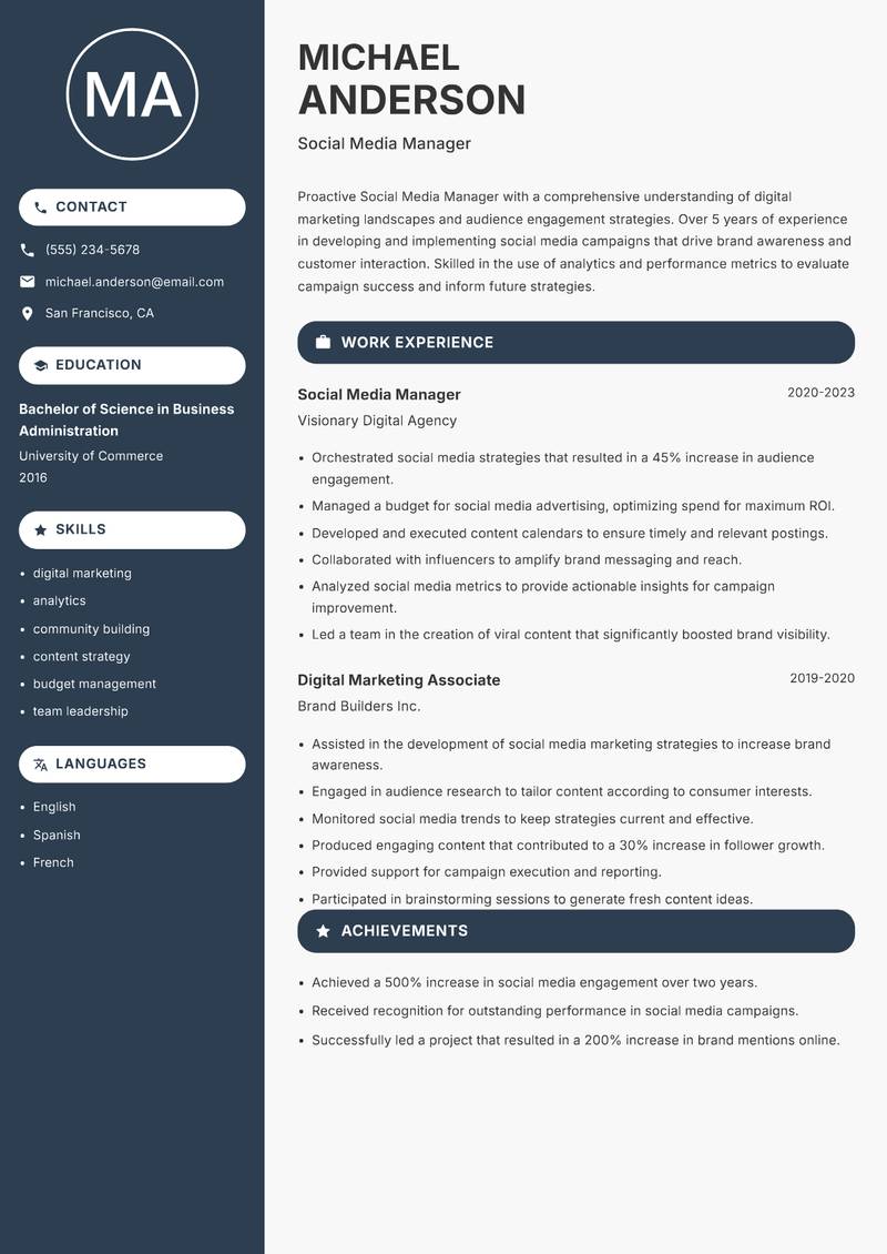Social Media Manager resume template — Compact