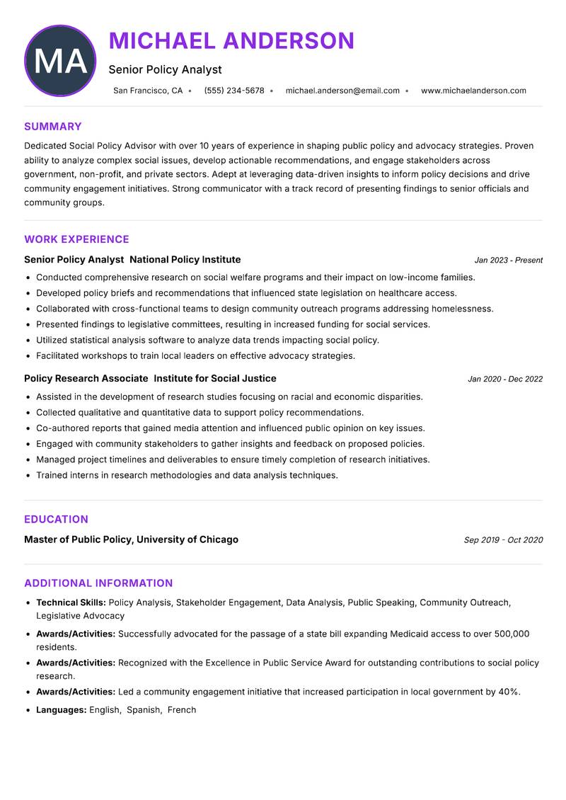 Social Policy Advisor resume example — ATS-friendly template
