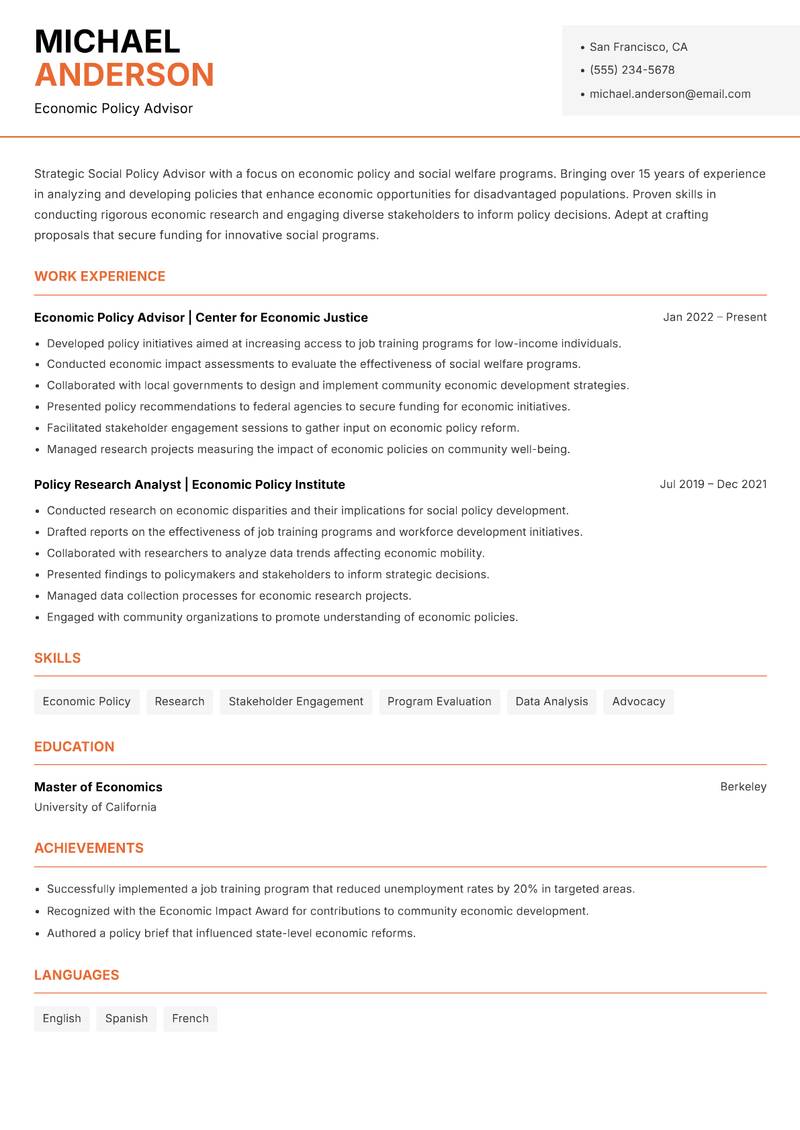 Social Policy Advisor resume template — Modern Professional