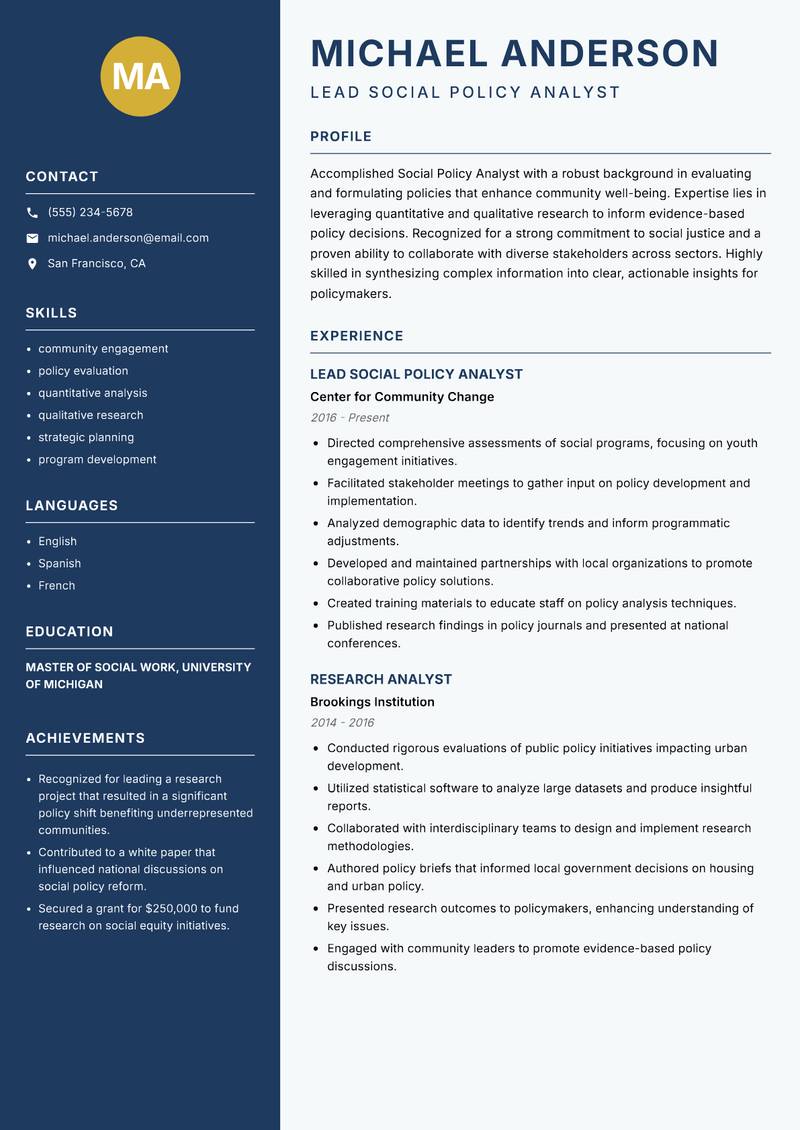 Social Policy Analyst resume template — Classic Clean