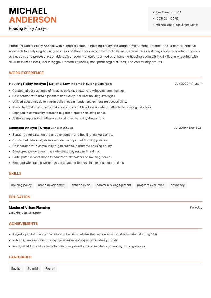 Social Policy Analyst resume template — Modern Professional