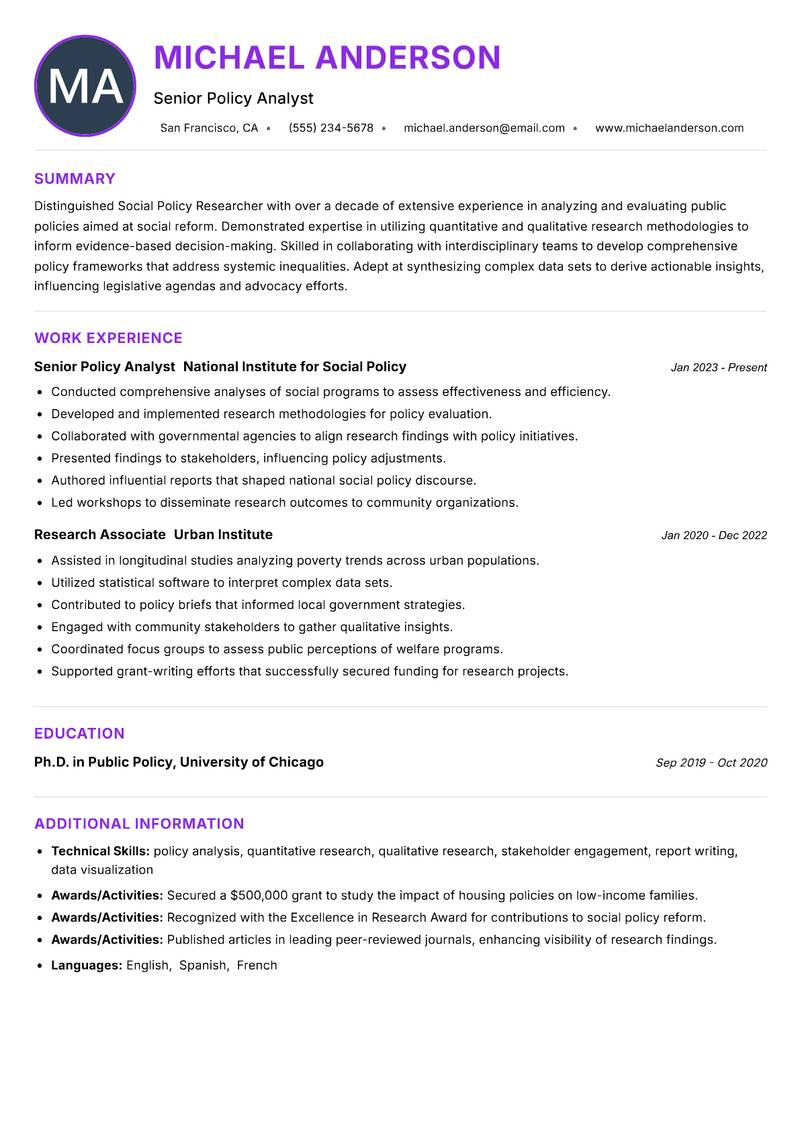Social Policy Researcher resume example — ATS-friendly template