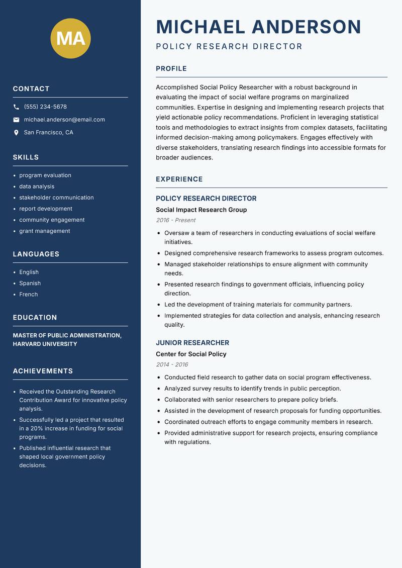 Social Policy Researcher resume template — Classic Clean