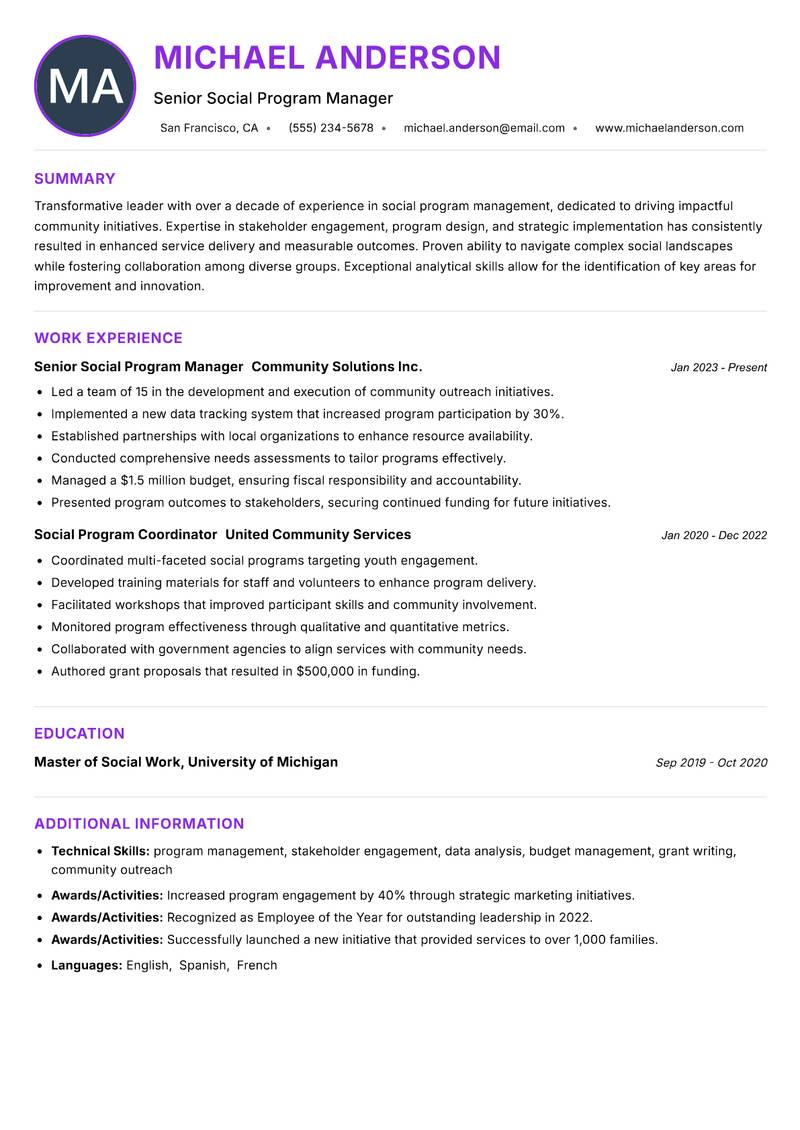 Social Program Manager resume example — ATS-friendly template