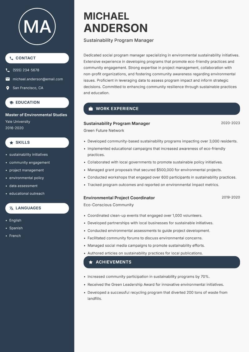 Social Program Manager resume template — Compact