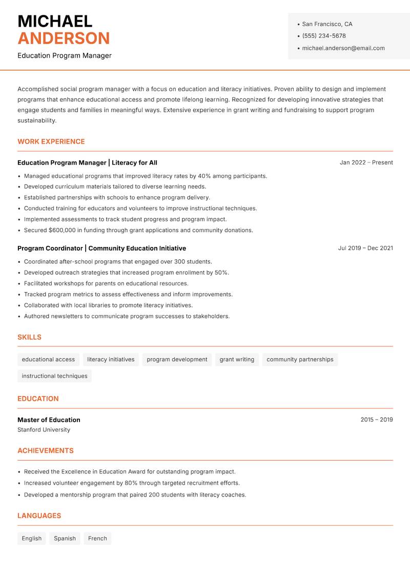 Social Program Manager resume template — Modern Professional
