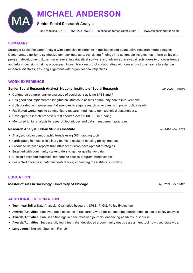 Social Research Analyst resume example — ATS-friendly template