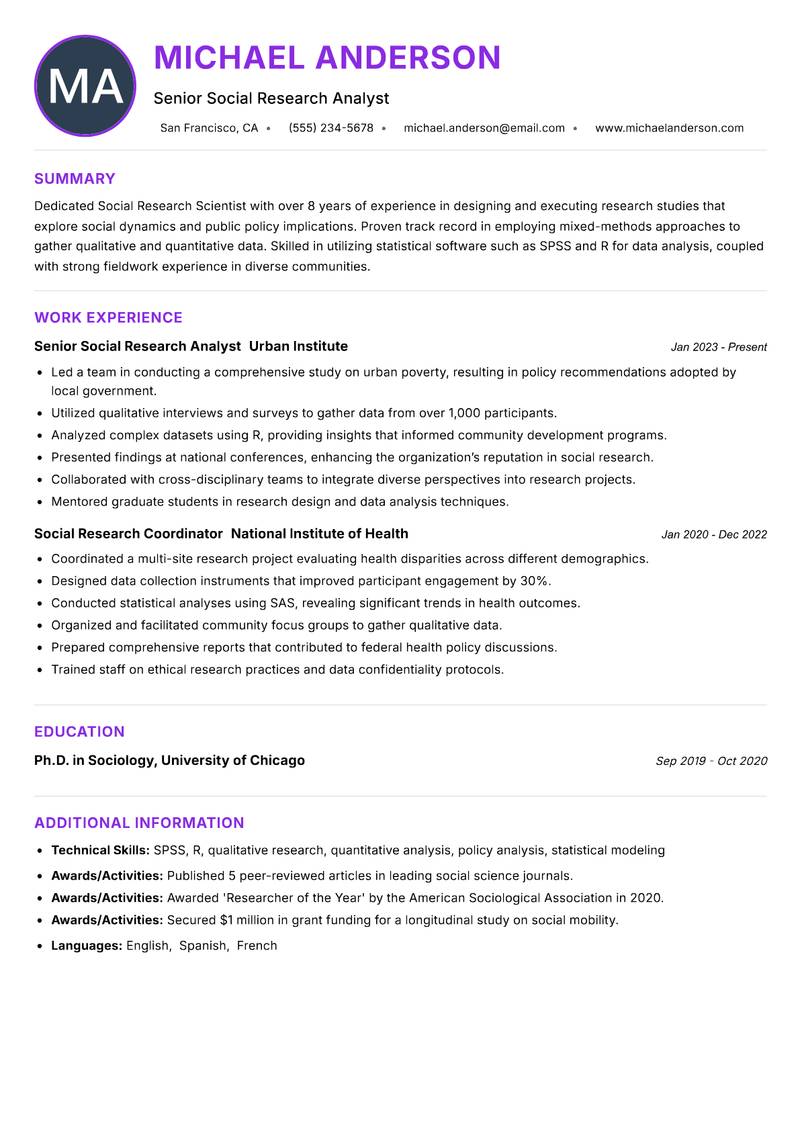 Social Research Scientist resume example — ATS-friendly template