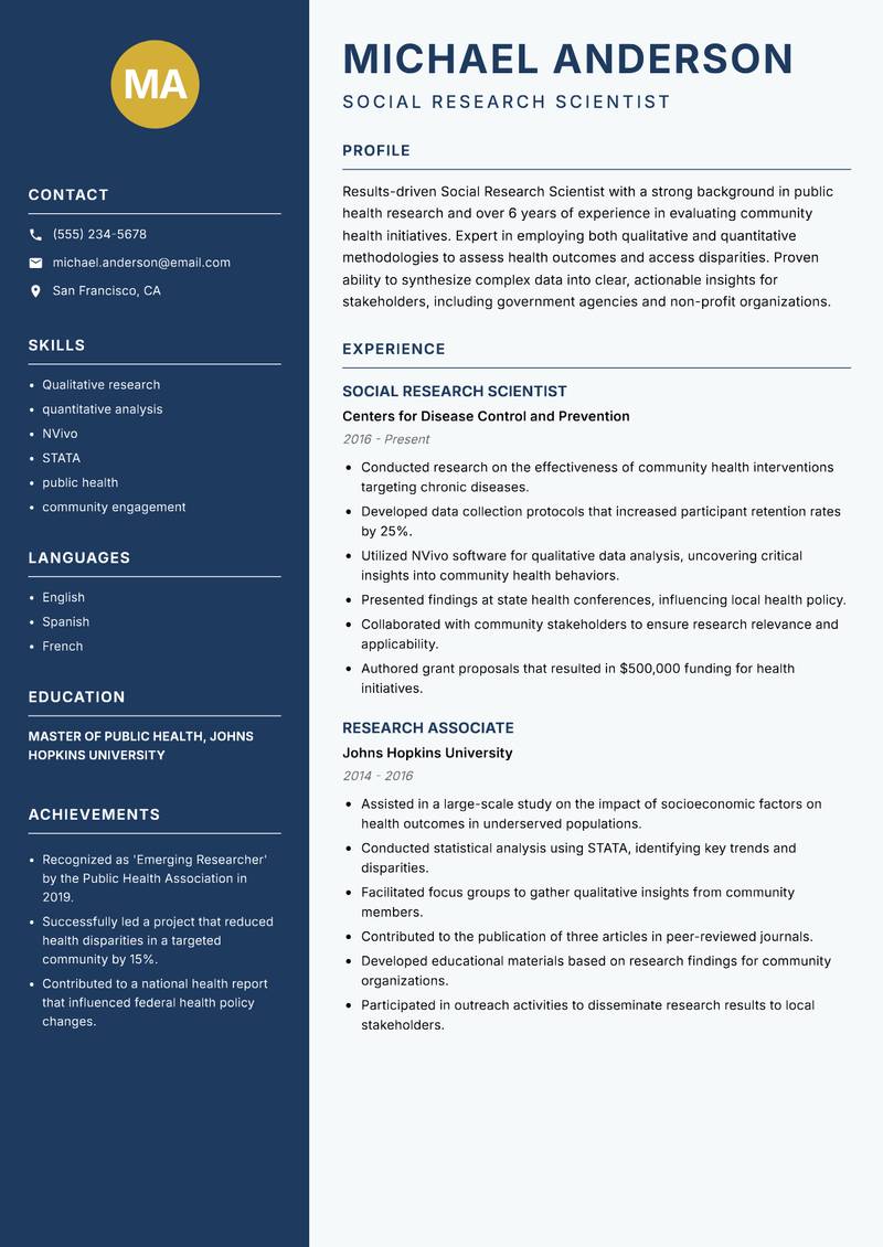 Social Research Scientist resume template — Classic Clean