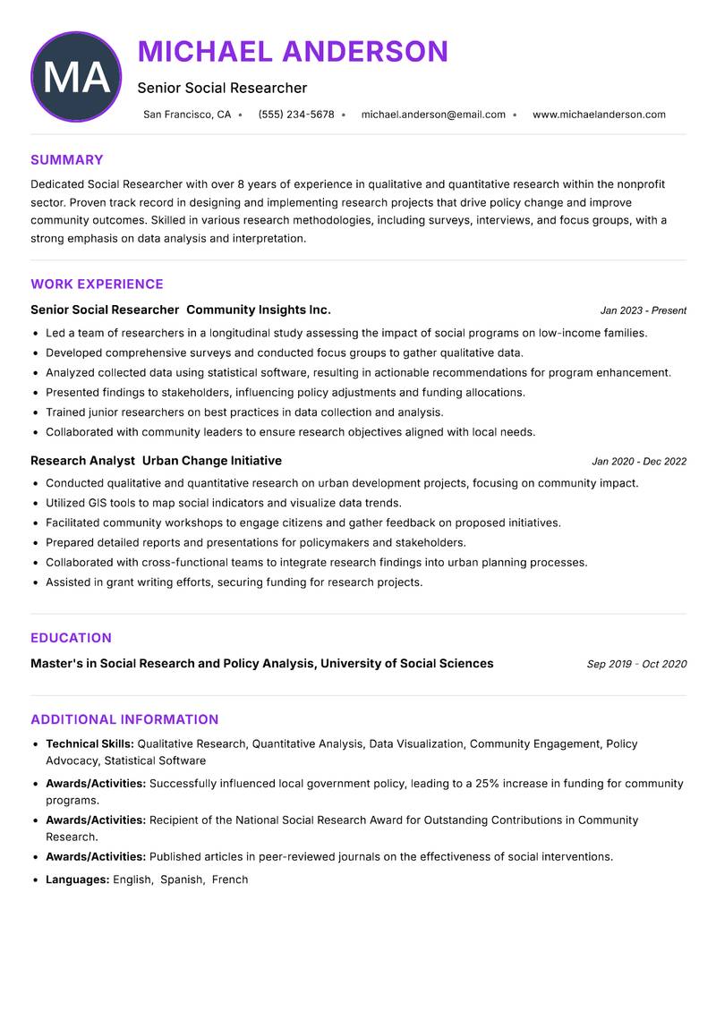 Social Researcher resume example — ATS-friendly template