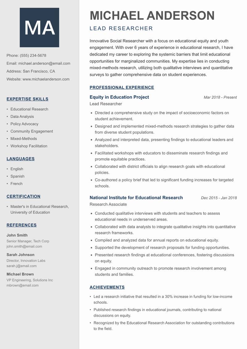 Social Researcher resume template — Creative Minimal