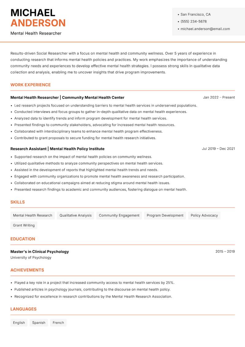 Social Researcher resume template — Modern Professional