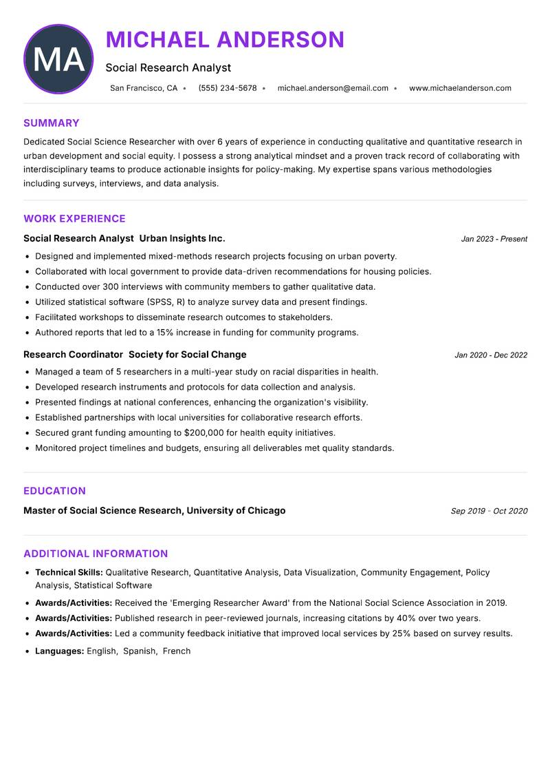 Social Science Researcher resume example — ATS-friendly template