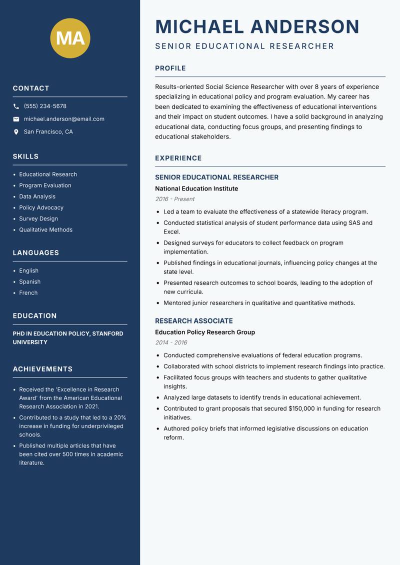 Social Science Researcher resume template — Classic Clean