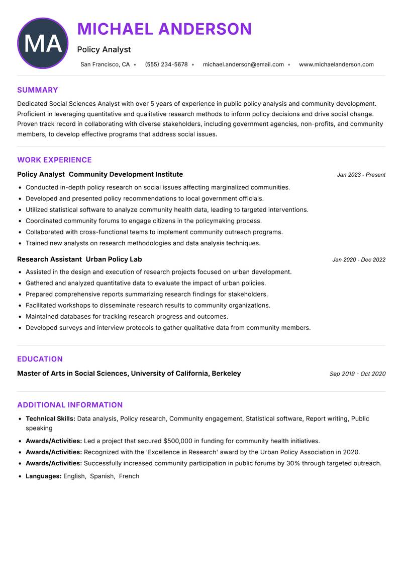 Social Sciences Analyst resume example — ATS-friendly template