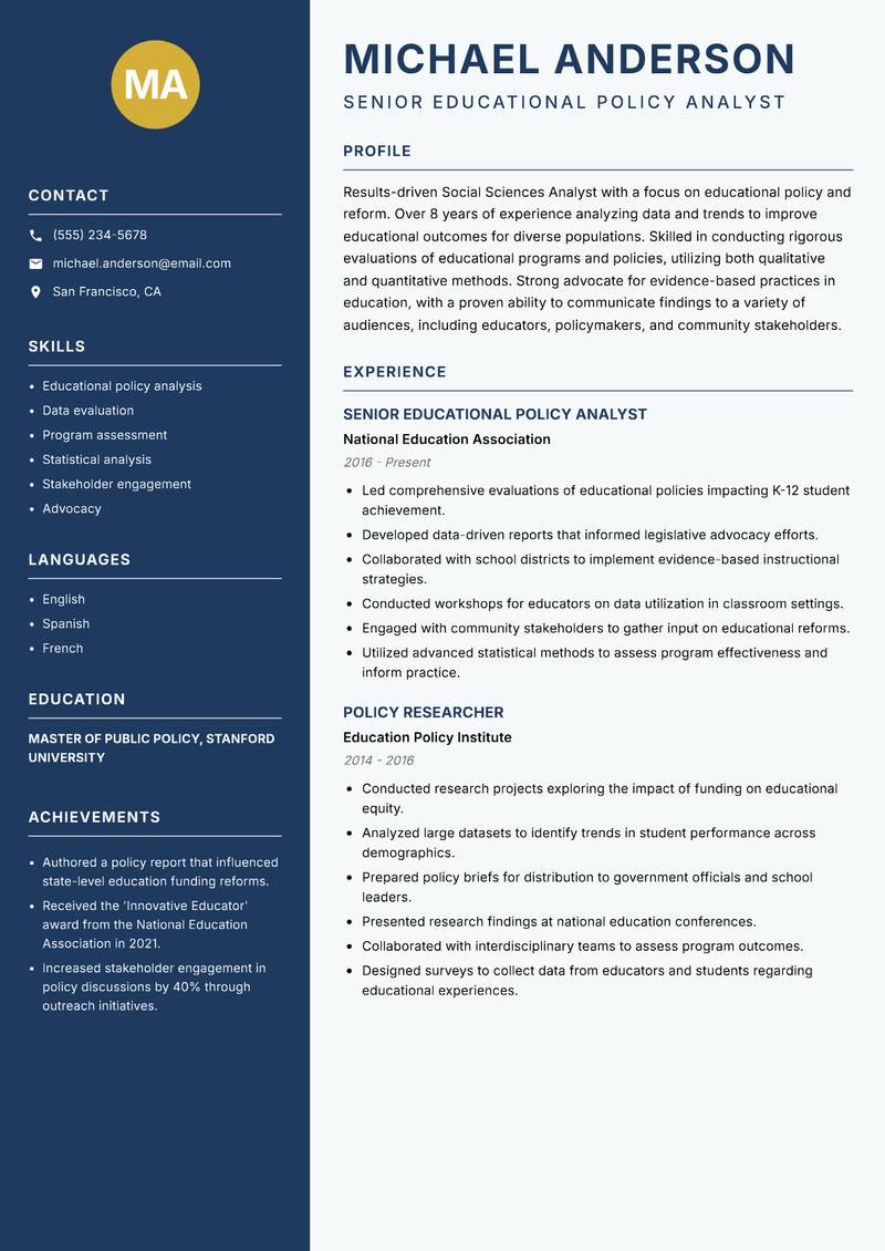 Social Sciences Analyst resume template — Classic Clean