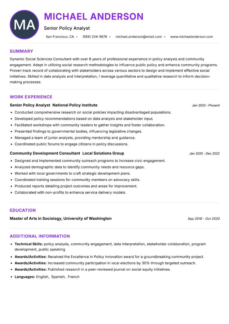 Social Sciences Consultant resume example — ATS-friendly template