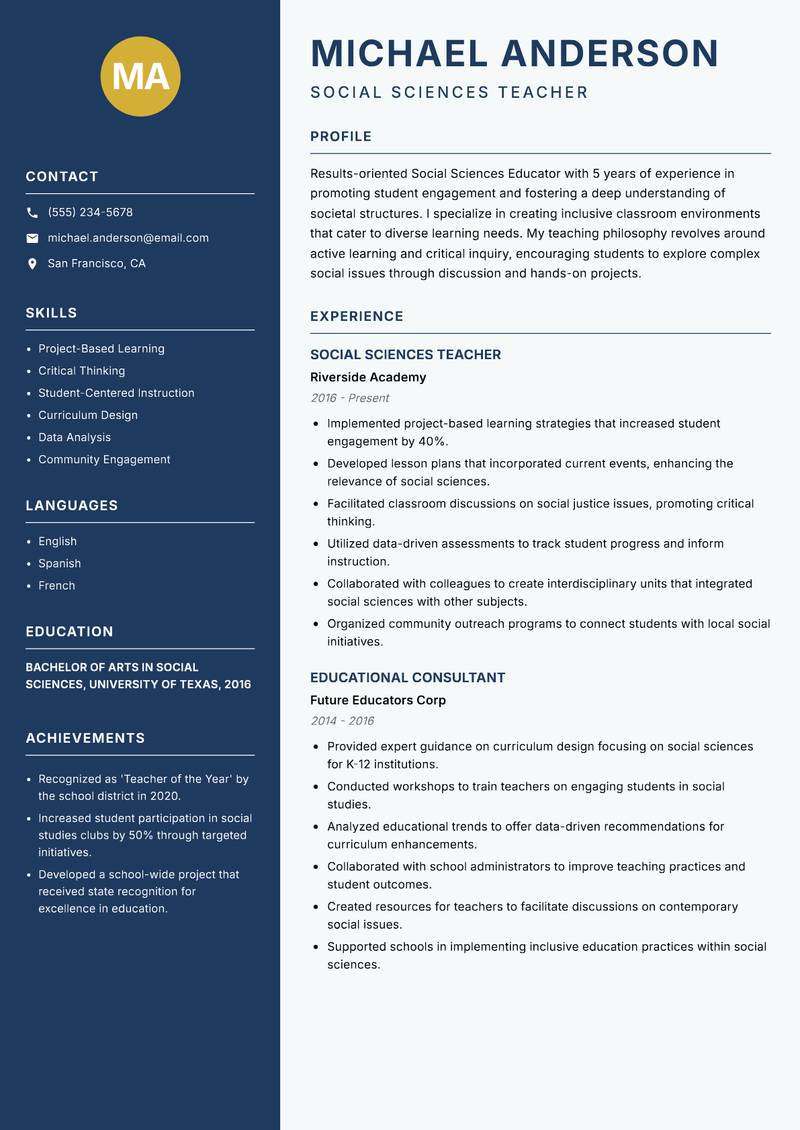 Social Sciences Educator resume template — Classic Clean