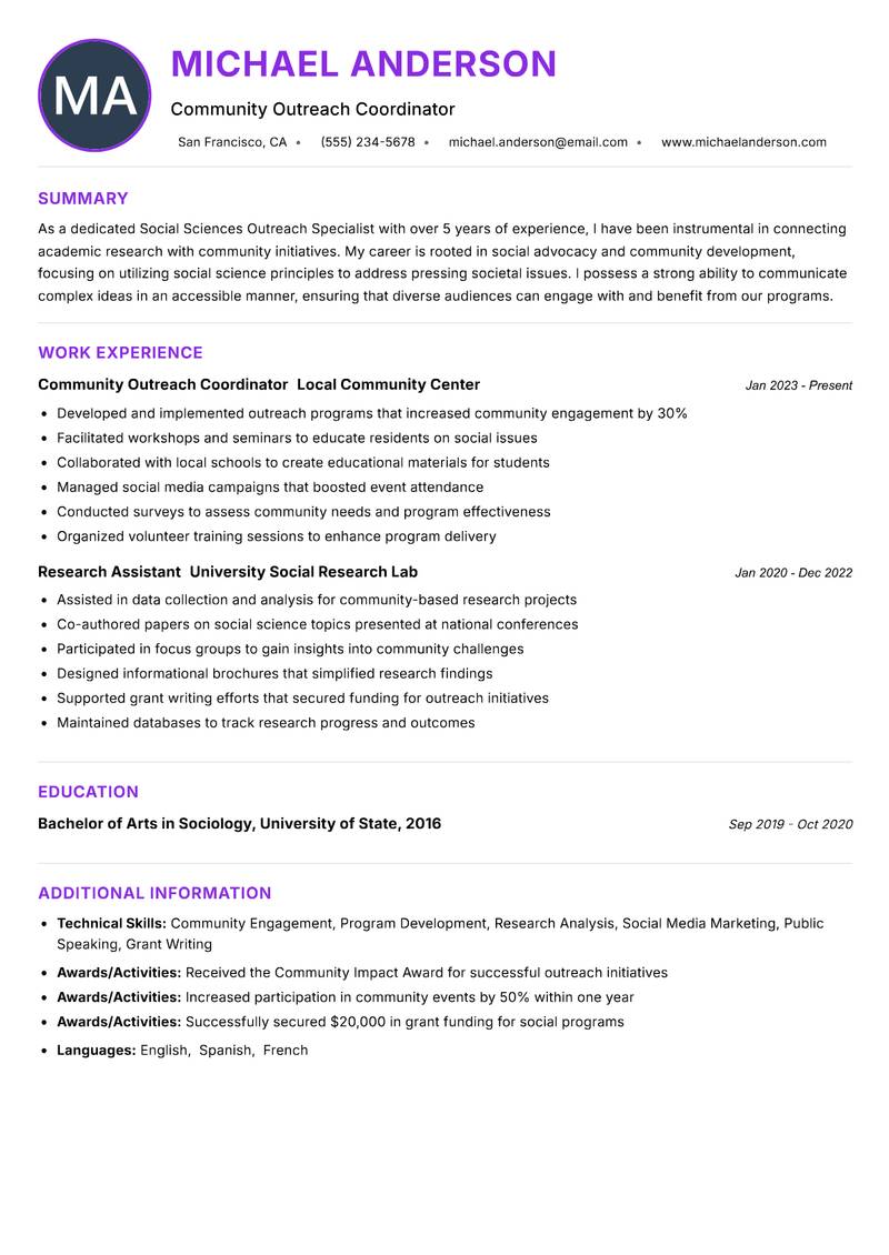 Social Sciences Outreach Specialist resume example — ATS-friendly template