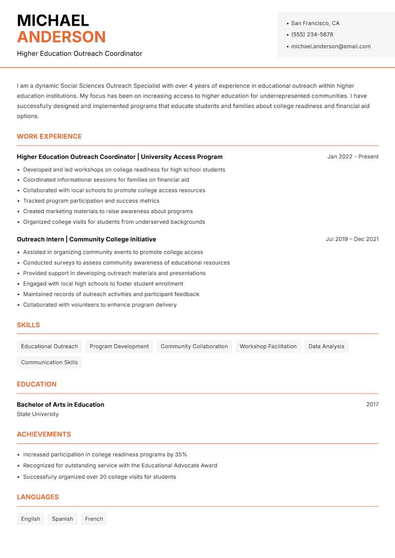Social Sciences Outreach Specialist resume template — Modern Professional