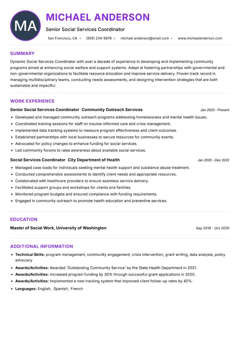 Social Services Coordinator resume example — ATS-friendly template